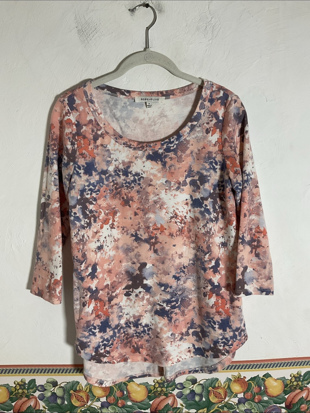 Rose + Olive 3/4 Sleeve Watercolor Tie Dye High Low Top Size S Boho
